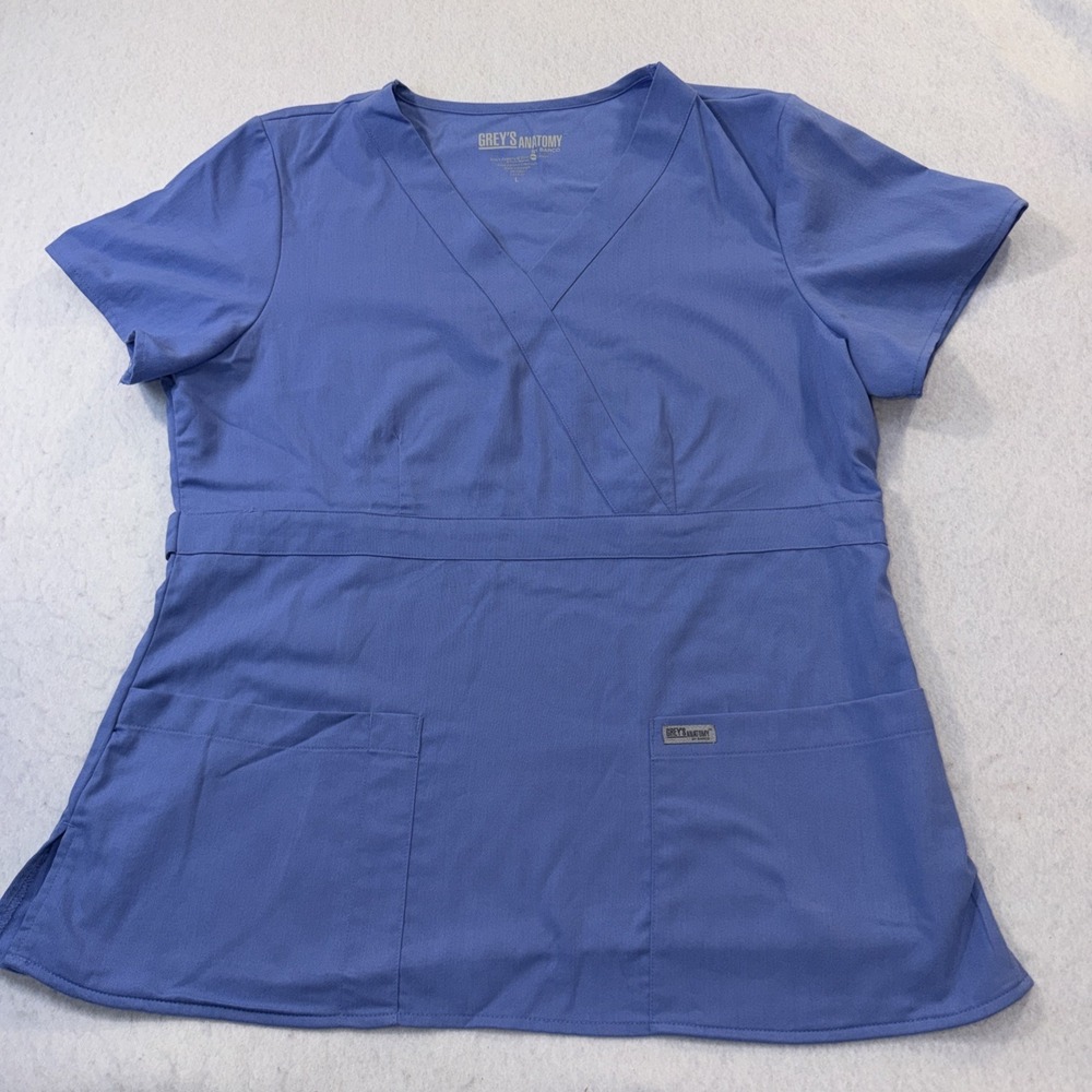 Grey's Anatomy Scrub Top Womens Large Ceil Blue  V-Neck Buttons In‎ Back Medical